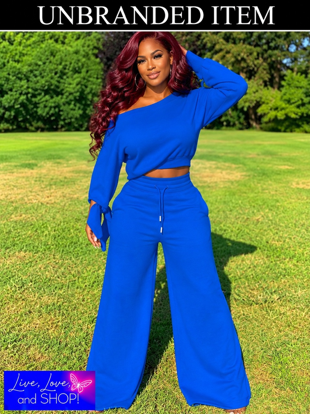 SWEATSUIT: Blue Slanted Shoulder Long Sleeve Top w/Drawstring Pants, NWOT